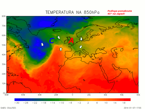 Nova sinoptička situacija nad Europom nakon zamišljenog "pomaka kontinenta" prema zapadu što je ekvivalentno pomaku zračnih masa u prema istoku.